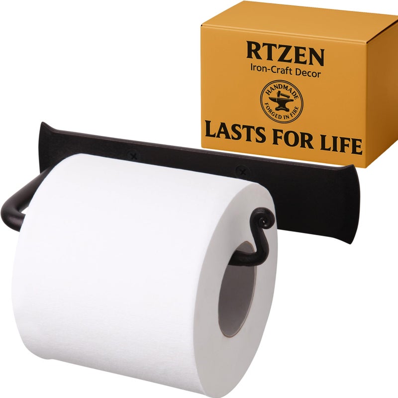 RTZEN Bathroom Toilet Paper Holder - Handcrafted Rustic Wrought Iron Wall Decor Toilet Roll Holder - Black Matte Wall Mount Bar for Modern Farmhouse Bathroom Decor - Image 1